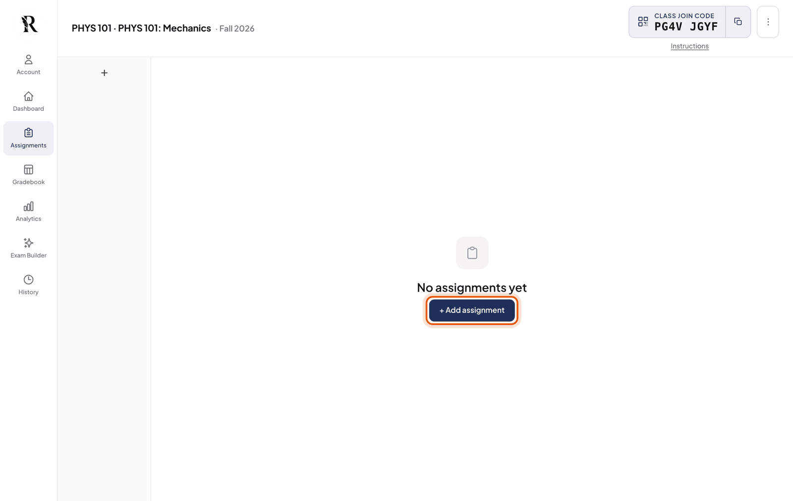 A course page with the Add assignment button