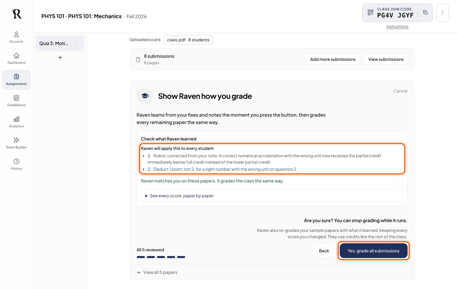 Check what Raven learned: the rule RavenGrader took from the professor's note, and the button to grade the class
