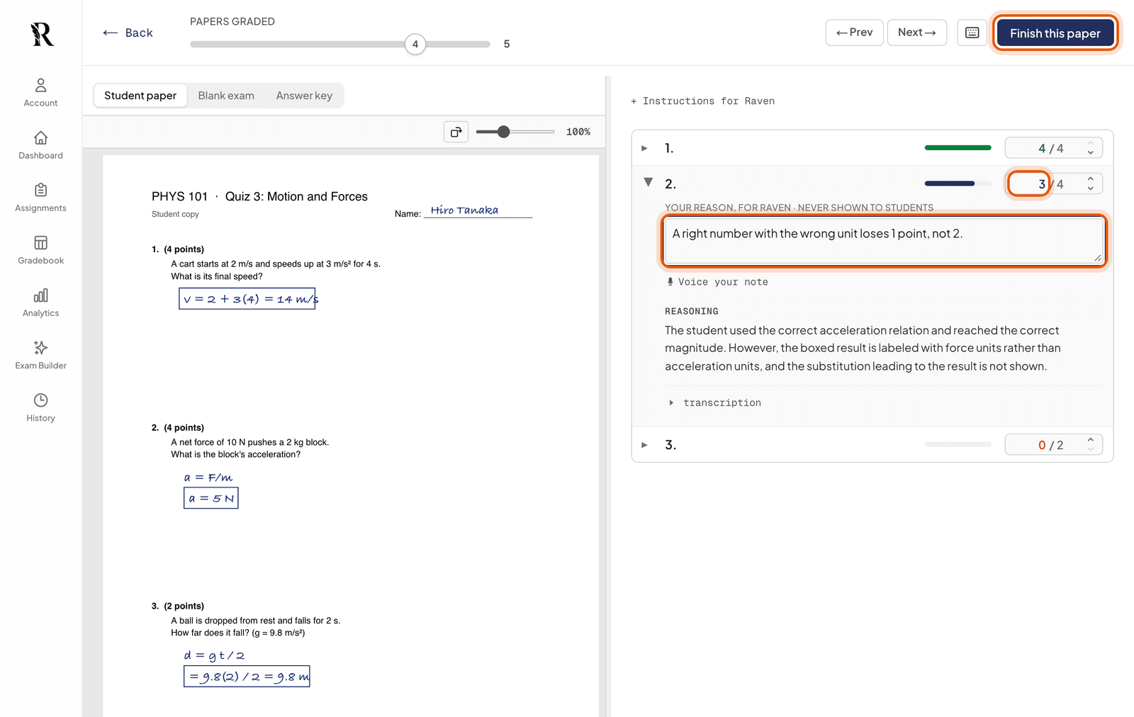 A sample paper during calibration: the student's page on the left, a changed score and its reason on the right