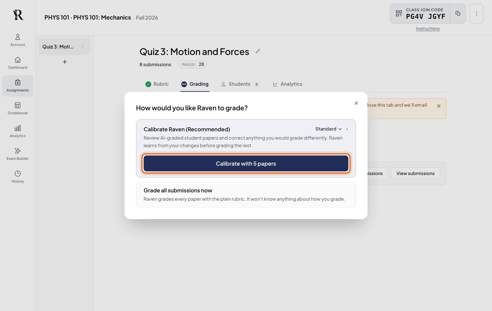 The How would you like Raven to grade? dialog with Calibrate with 5 papers