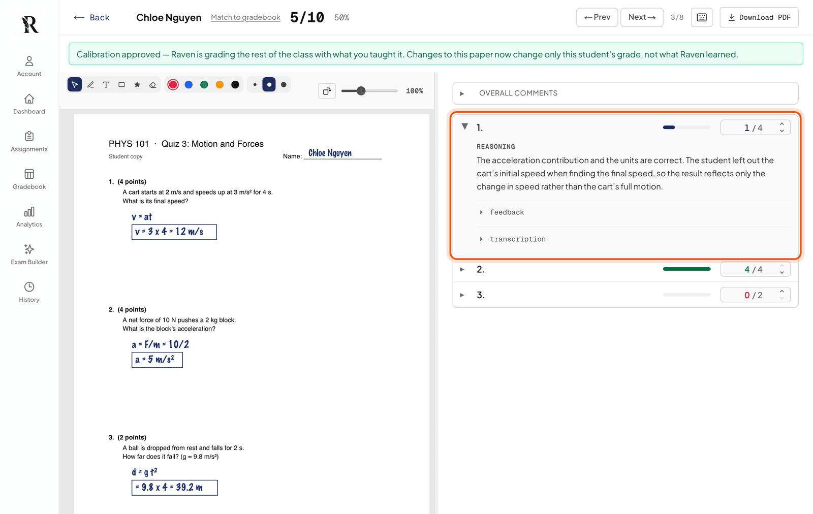 A graded paper: the student's page on the left, question 1 open on the right with its score and reasoning
