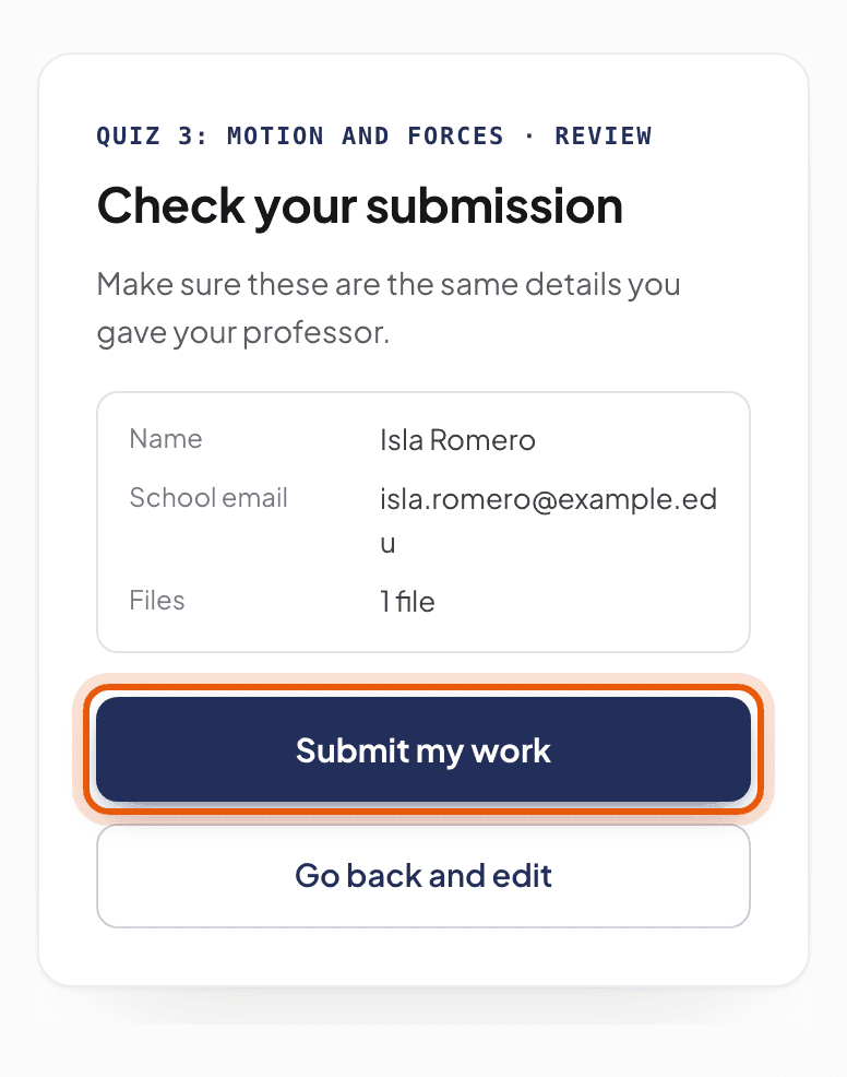 The Check your submission screen with your name, email and number of files