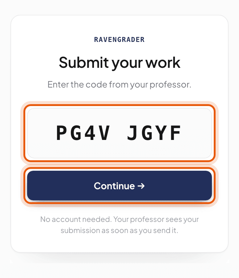 The Submit your work page with the join code box
