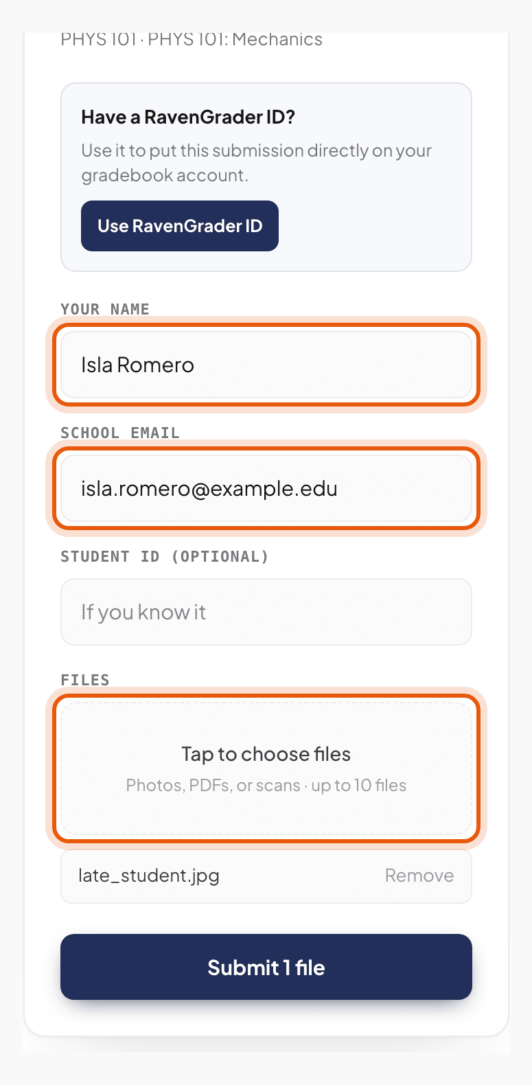 The form for your name, school email, student ID and files