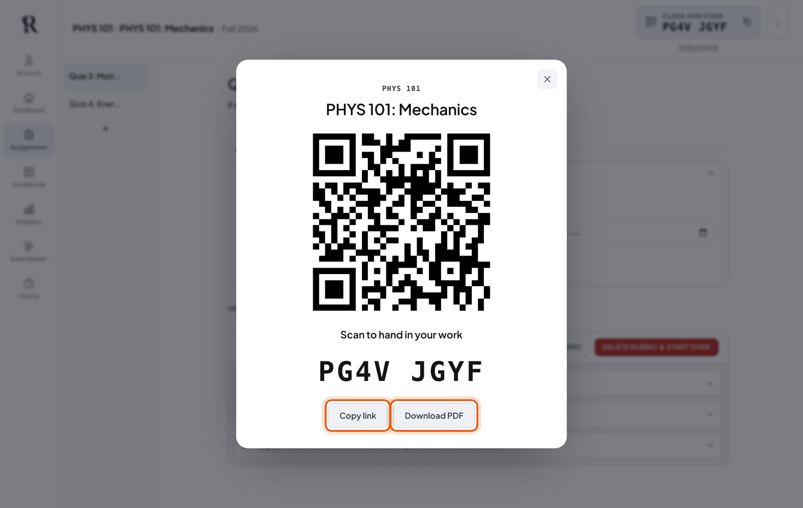 The full-screen QR code view with Copy link and Download PDF