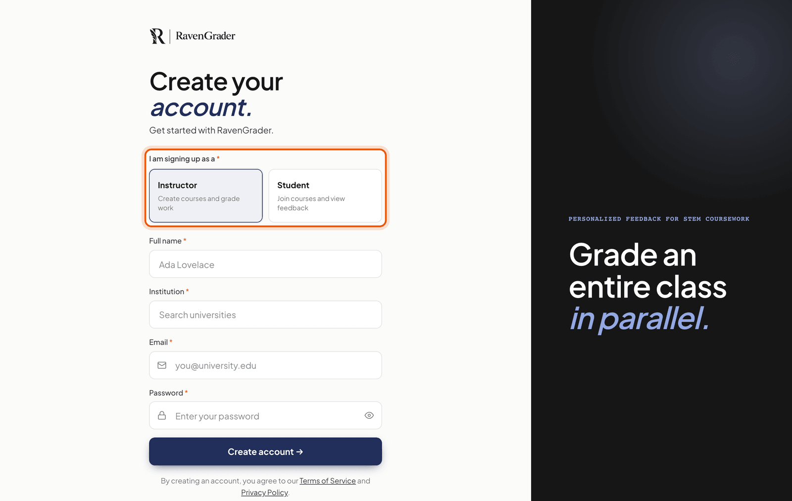 The sign-up page with the Instructor and Student account types
