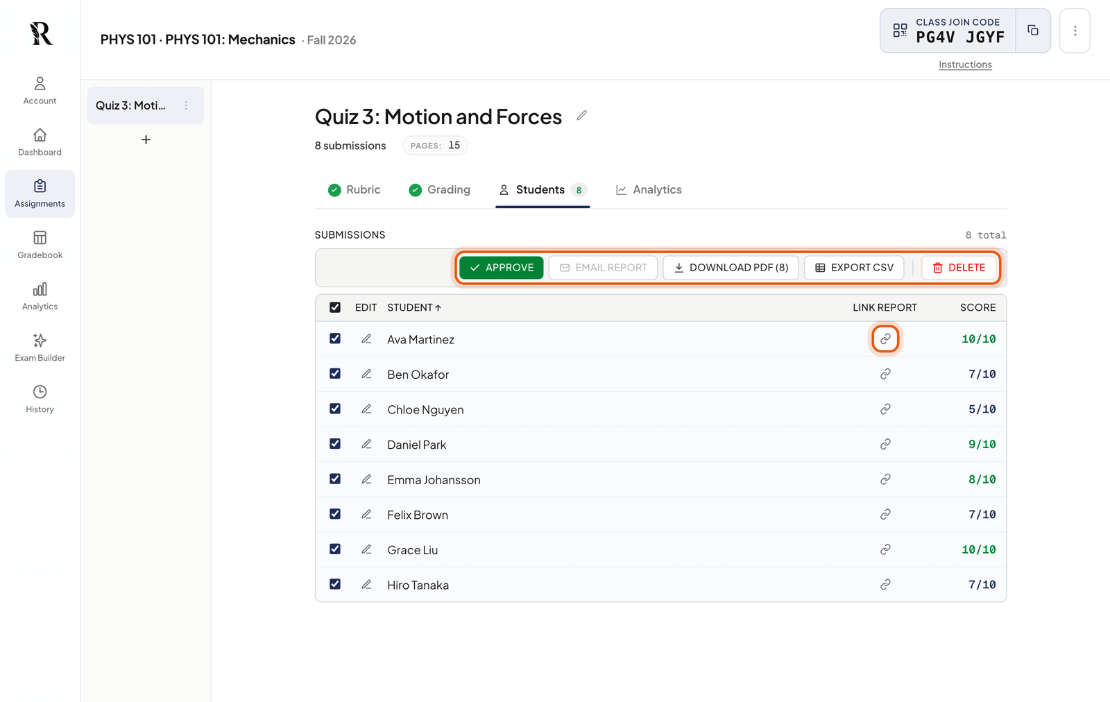 The Students tab with every student ticked, the buttons along the top, and a report link icon