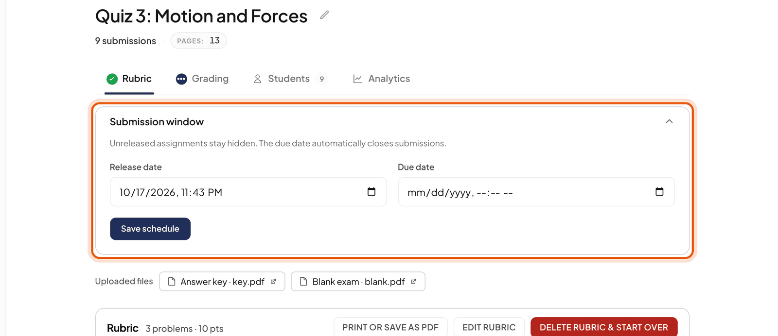 The Submission window panel with release and due dates