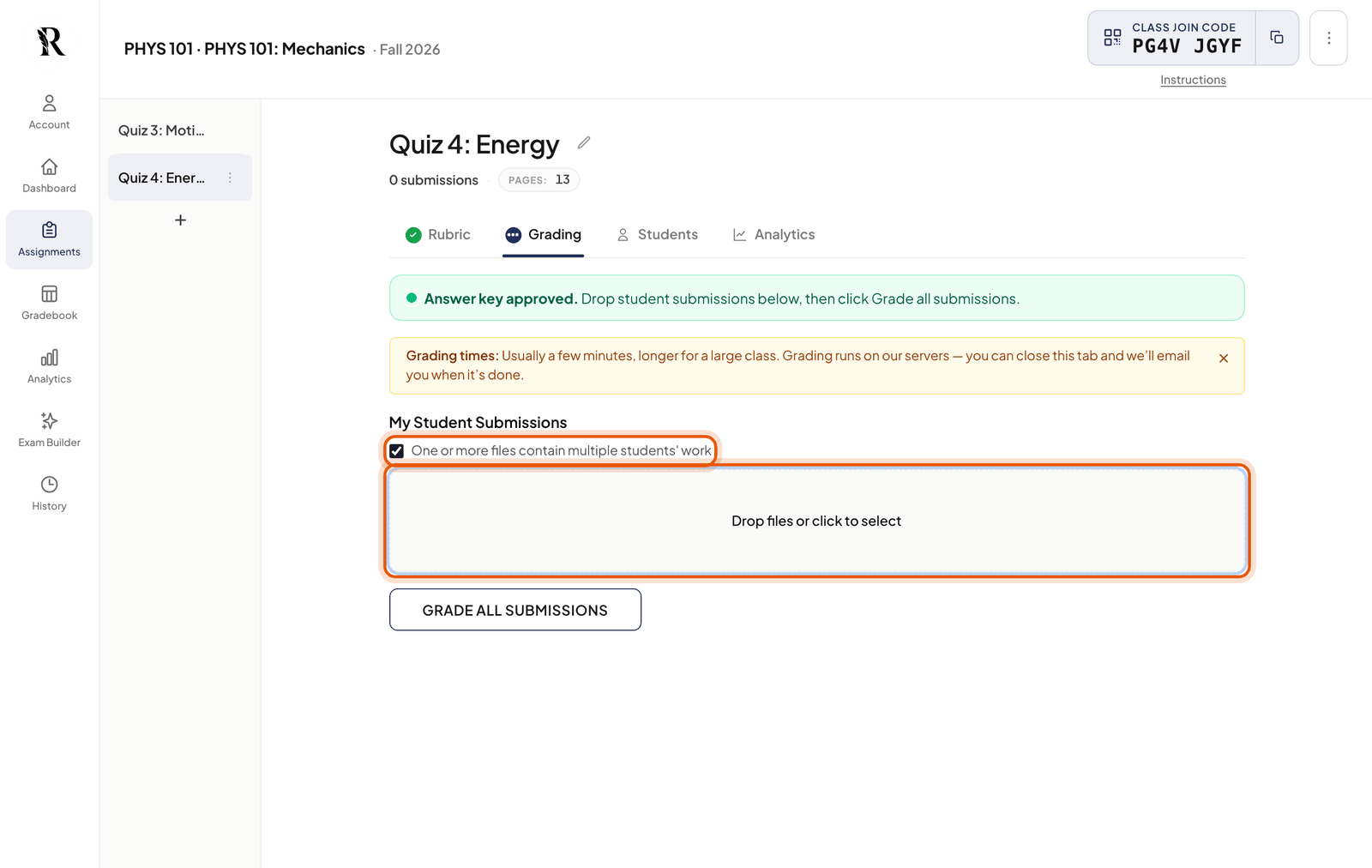The Grading tab upload area with the multiple-students checkbox